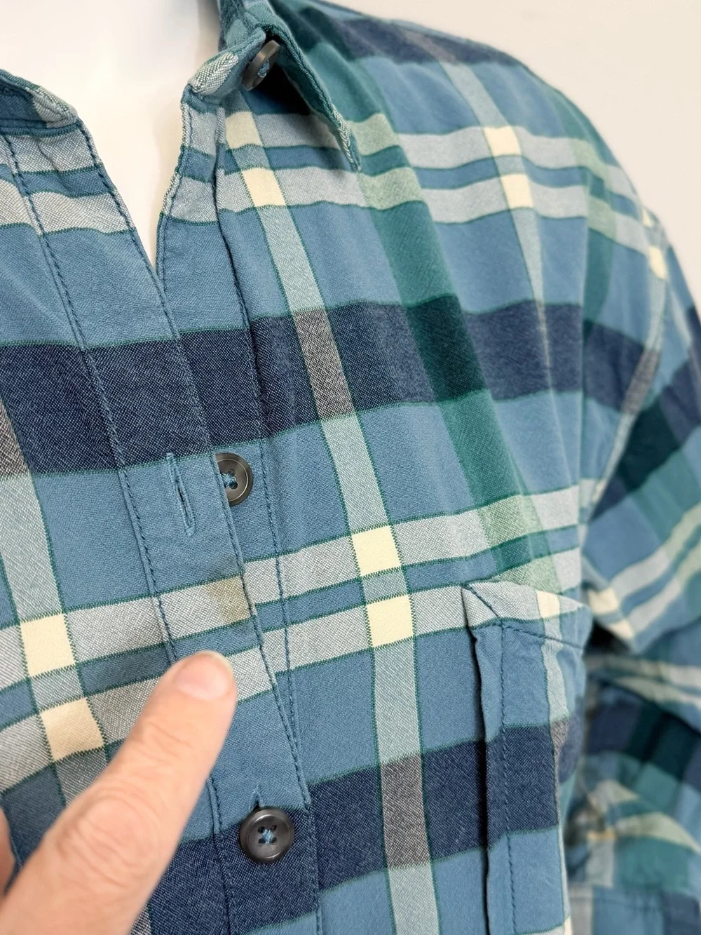 Free People Women’s Plaid Button Up Shirt L Blue Green Raw Hem Boho Rayon Cotton